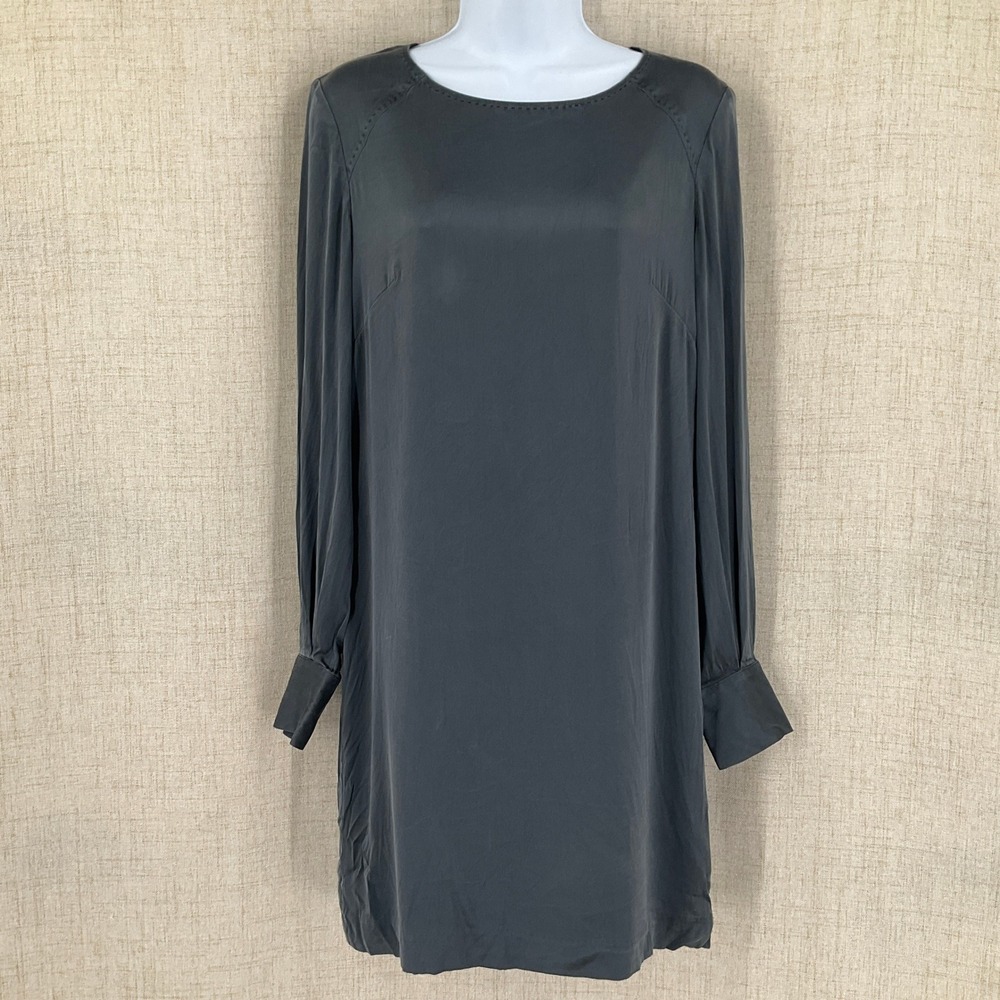 Antonio Melani Gray 100% Silk Long Sleeve Shift Dress Size 2 Career Cocktail Lux